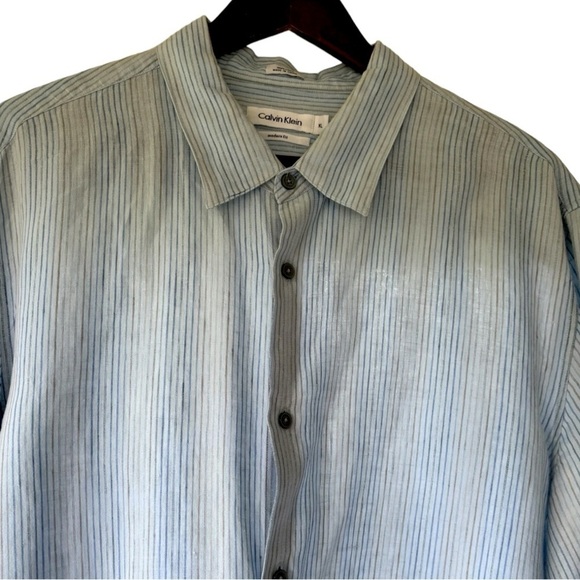NEW Calvin Klein Long Sleeve Button Down Linen Shirt Size XL Thin Blue Stripe - Picture 9 of 11